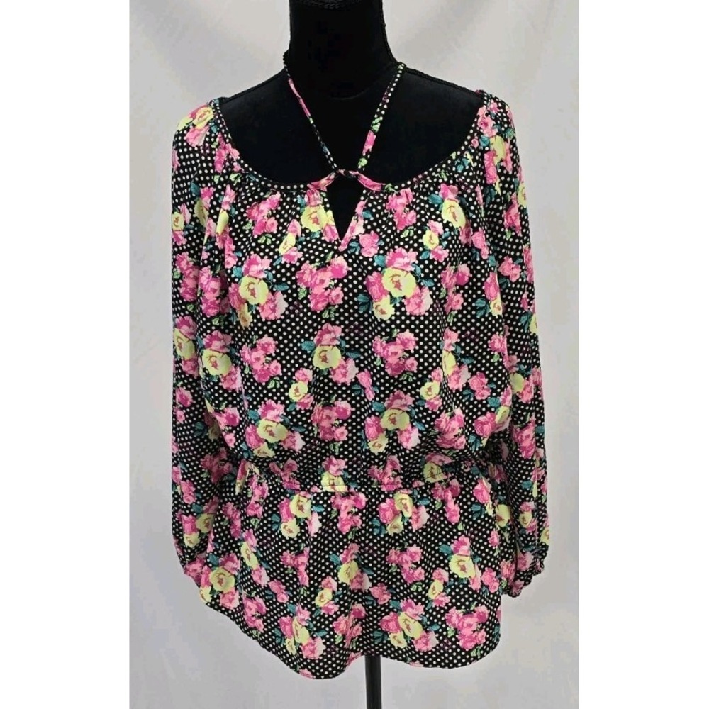 Betsey Johnson Floral Peasant Peplum Blouse Women L Pink Polka Dot cottagecore